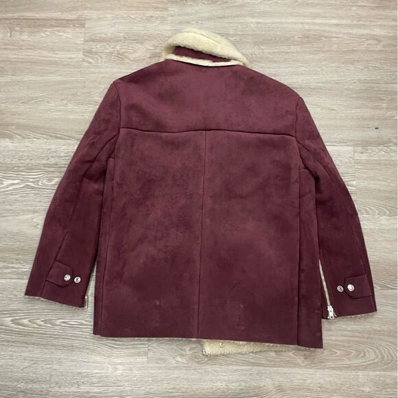 Zig Zag Faux Shearling Bomber Jacket Short Biker Zipper Jacket Leather Aviator - Picture 8 of 9